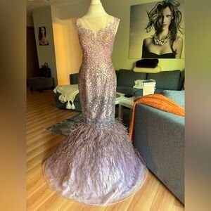 Elegant Sequin and Feather Gown in Lavender Ombré by Terani Couture
